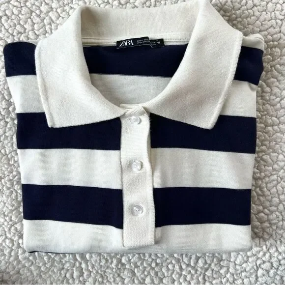 Zara Navy White Striped Long-Sleeve Cotton Rugby Preppy Polo Shirt Top SZ L - Picture 11 of 11